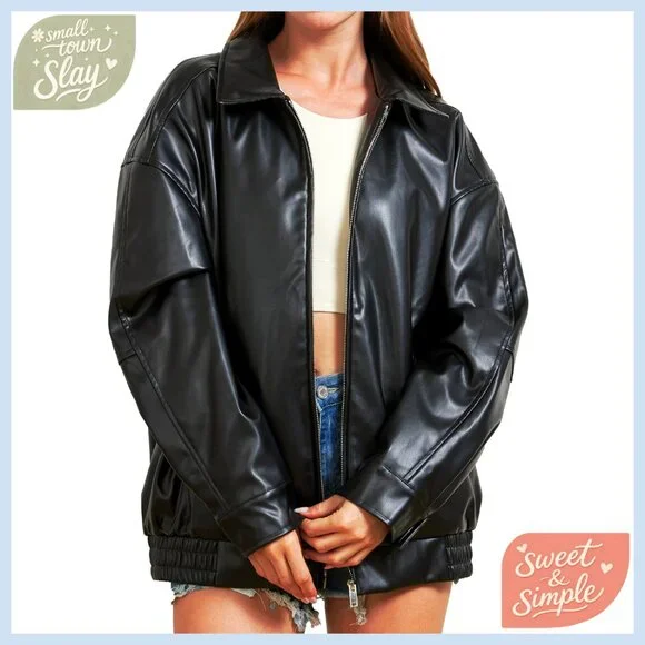 Oversized Faux Leather Motorcycle Jacket Women's Winter Bomber Coat